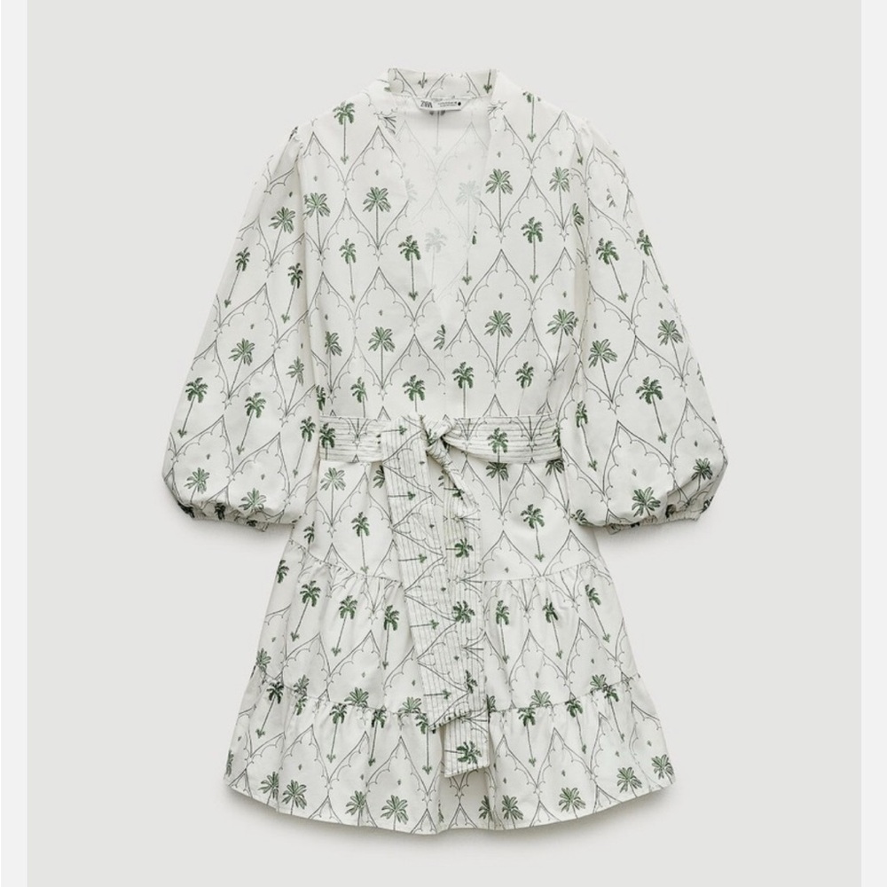 Zara 100% Cotton White and Green Palm Print Dress with Belt XS SS2024